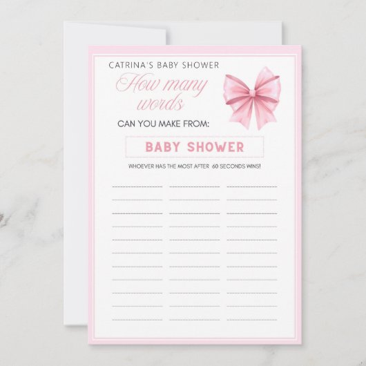 Pink Bow Coquette Baby shower - Bewerkbare naam, 5 Kaart (Voorkant)