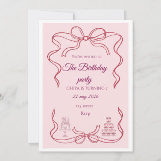 Pink Bow Coquette Birthday Party Invitation Kaart