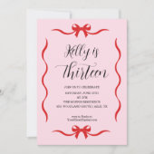 Pink Bow Coquette Bow Birthday Invitation, 13th Kaart (Voorkant)