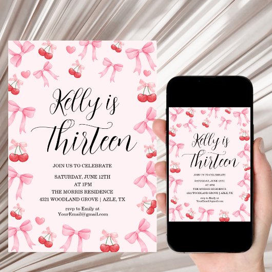 Pink Bow Coquette Bow Cherry Birthday, 13th Kaart