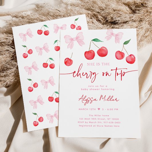 Pink Bow Coquette Cherry Baby shower Kaart