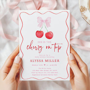 Pink Bow Coquette Cherry op Top Baby shower Kaart
