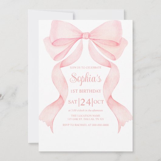 Pink Bow Coquette First Birthday Invitation (Devant)