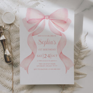 Pink Bow Coquette First Birthday Invitation Kaart