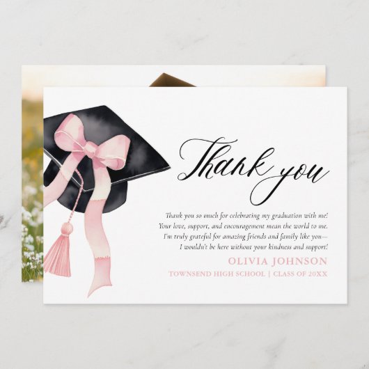 Pink Bow Coquette Graduation Cap Merci Cartes (Devant / Derrière)
