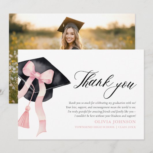 Pink Bow Coquette Graduation Cap Merci Cartes (Devant / Derrière)