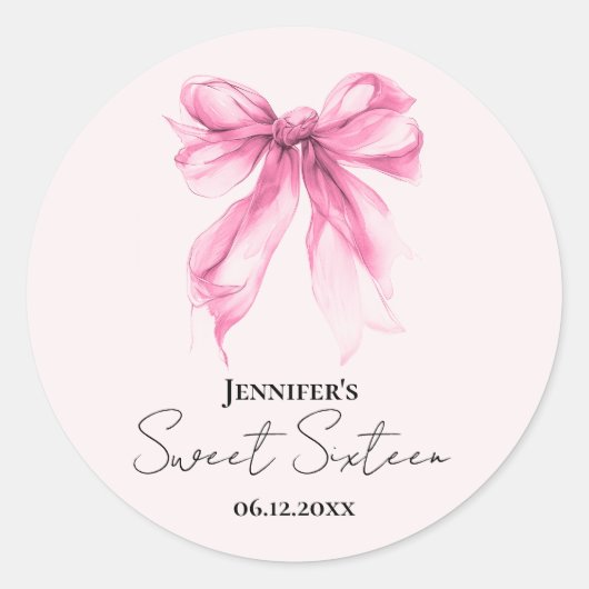 Pink Bow Coquette Script Sweet 16 Party Blush  Ronde Sticker (Voorkant)