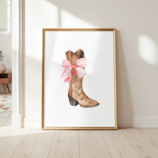 Pink Bow Cowgirl Boot Girly Western Wall Art Poster