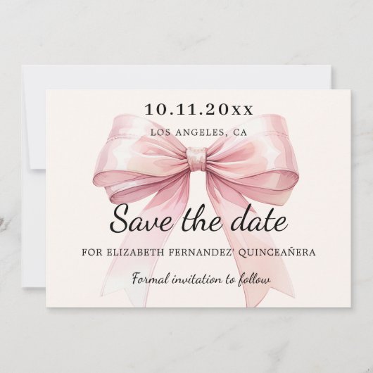 Pink bow cream Quinceanera Save the Date card (Voorkant)