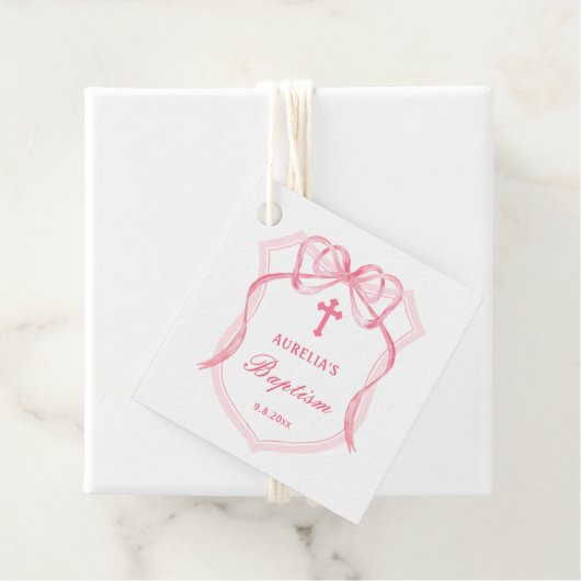 Pink Bow Crest Baptism Favoriser les étiquettes (En situation)