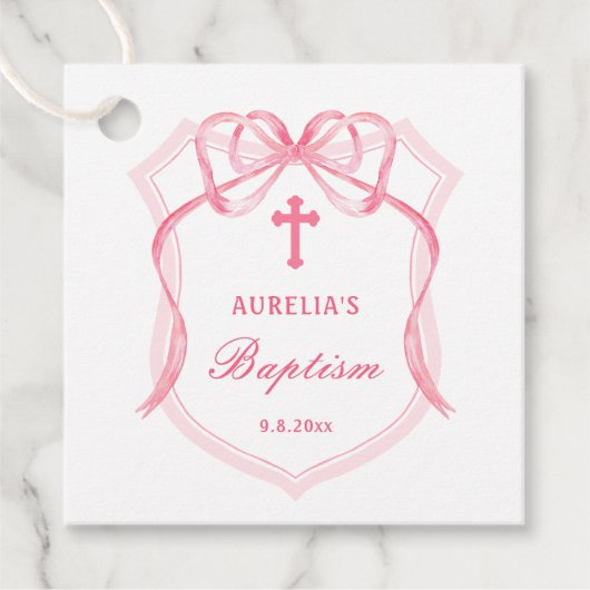 Pink Bow Crest Baptism Favoriser les étiquettes (Devant)
