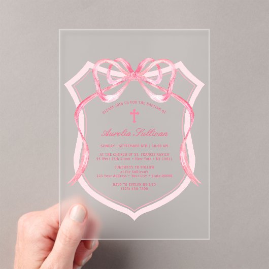 Pink Bow Crest doop Acryl Uitnodigingen (Insitu (Draagbaar))