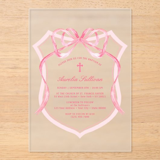 Pink Bow Crest doop Acryl Uitnodigingen (Voorkant)