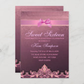 Pink Bow & Damask Sweet 16 Invitation d'anniversai (Devant / Derrière)