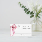 Pink Bow Date nacht ideeën. Datum potje bruidsspel Informatiekaartje (Staand voorkant)
