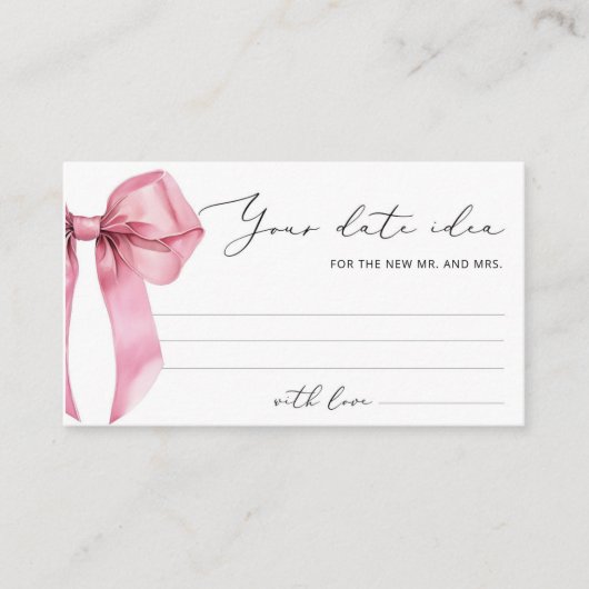Pink Bow Date nacht ideeën. Datum potje bruidsspel Informatiekaartje (Voorkant)