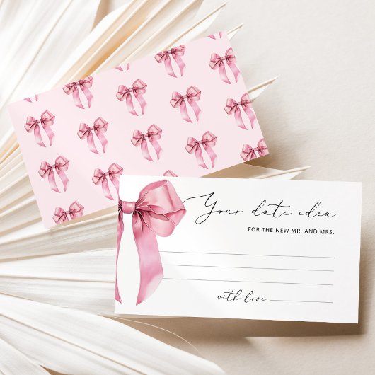 Pink Bow Date nacht ideeën. Datum potje bruidsspel Informatiekaartje