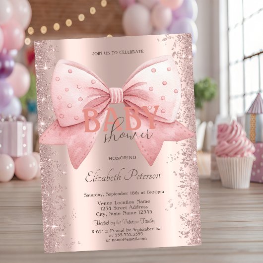 Pink Bow Diamonds Dust Roos Goud Baby shower Kaart