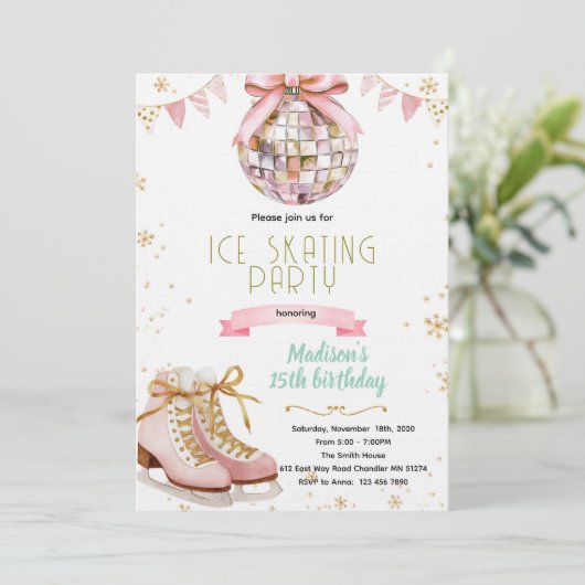 Pink bow disco ice skating party invitation (Debout devant)