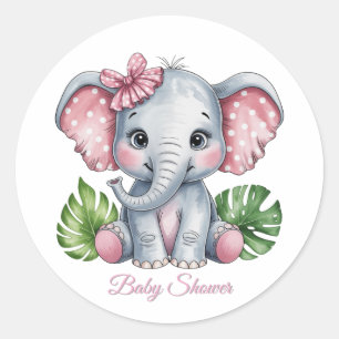Pink Bow Elephant Girl Baby shower Ronde Sticker