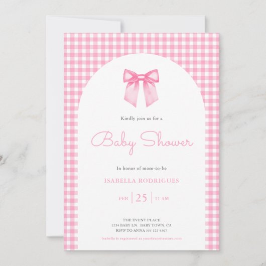 Pink Bow en Gingham Baby shower Kaart (Voorkant)