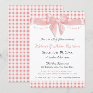 Pink Bow en Gingham Check Baby shower Kaart