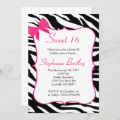 Pink Bow et Zebra Sweet 16 Invitation d'anniversai (Devant / Derrière)