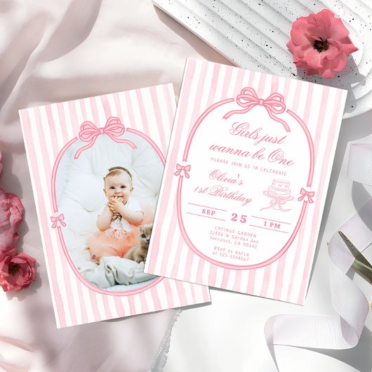 Pink Bow First Birthday Girl Invitation