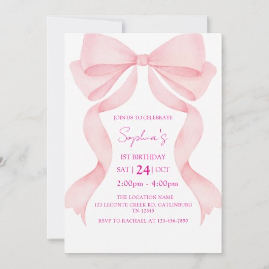 Pink Bow First Birthday Invitation (Devant)