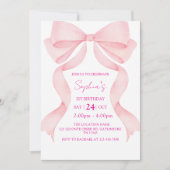 Pink Bow First Birthday Invitation Kaart (Voorkant)