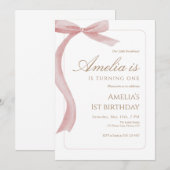 Pink Bow First Birthday Invitation Watercolor  (Devant / Derrière)