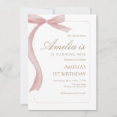 Pink Bow First Birthday Invitation Watercolor Kaart (Voorkant)