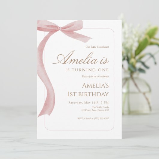 Pink Bow First Birthday Invitation Watercolor Kaart (Staand voorkant)