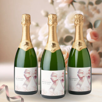 Pink Bow floral Baby shower Sparkling Wijnetiket