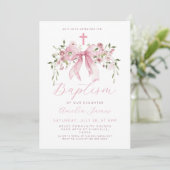 Pink Bow Floral Coquette Girl Baptism Kaart (Staand voorkant)