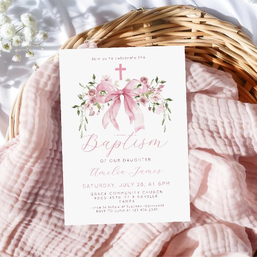 Pink Bow Floral Coquette Girl Baptism Kaart