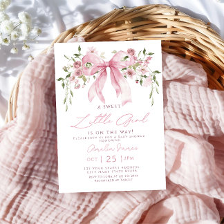 Pink Bow Floral Girl Baby Shower Kaart
