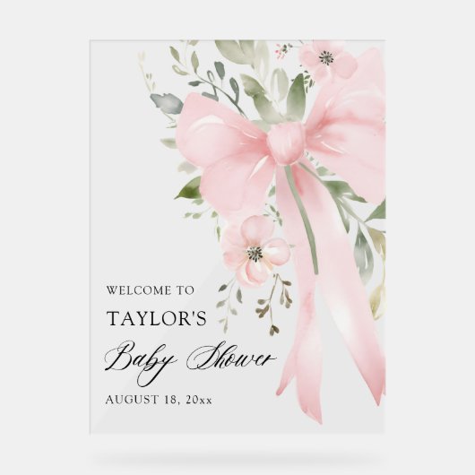 Pink Bow Floral Greenery Girl Baby Shower Welcome (Recto)