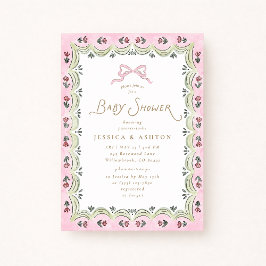 Pink Bow Floral Scalloped Frame Baby Shower  Kaart