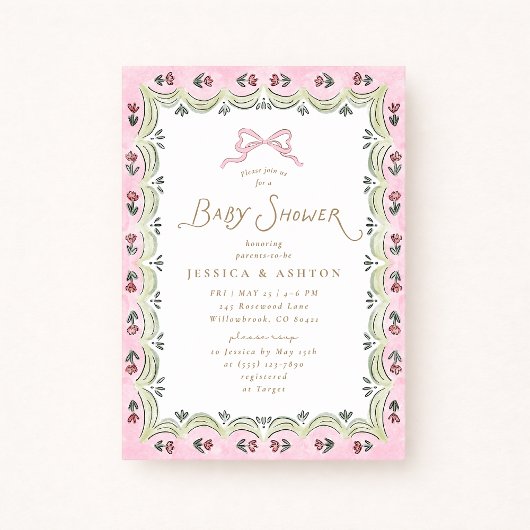 Pink Bow Floral Scalloped Frame Baby Shower  Kaart