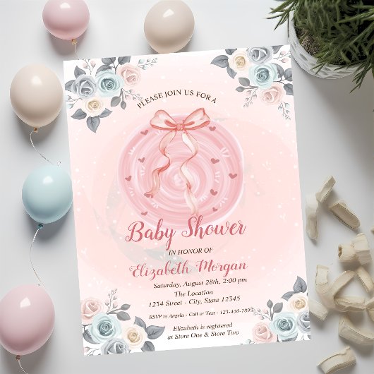 Pink Bow Floral Waterverf Baby shower Kaart