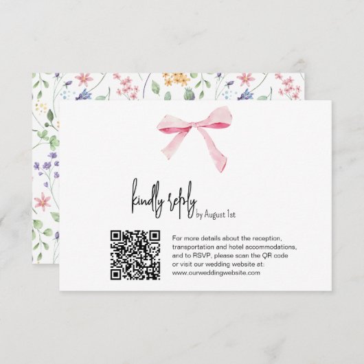 Pink Bow floral Wedding digital RSVP Card Qr code Kaart (Voorkant / Achterkant)
