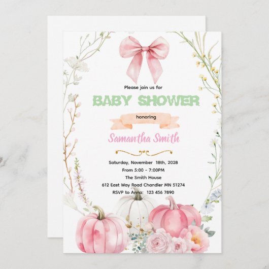 Pink Bow flower pumpkin Invitation (Devant / Derrière)