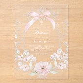  pink bow flowers frame Baptism Acryl Uitnodigingen (Voorkant)