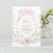  pink bow flowers frame Baptism Kaart (Staand voorkant)