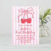 Pink Bow Fruit Sweet Cherry First Birthday Kaart (Staand voorkant)