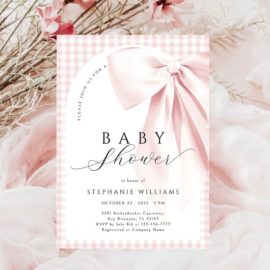 Pink Bow Gingham Arch Baby shower Uitnodiging