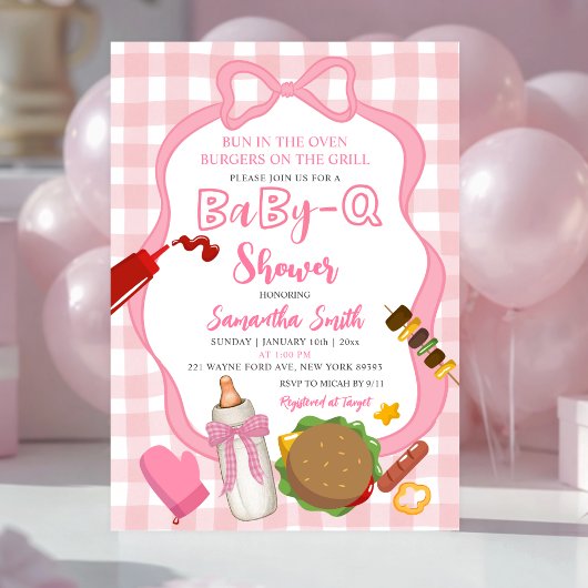 Pink Bow Gingham  Babyq baby shower invitation
