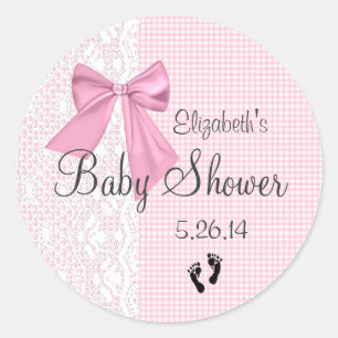 Pink Bow Gingham en Kant Baby shower Favor Ronde Sticker