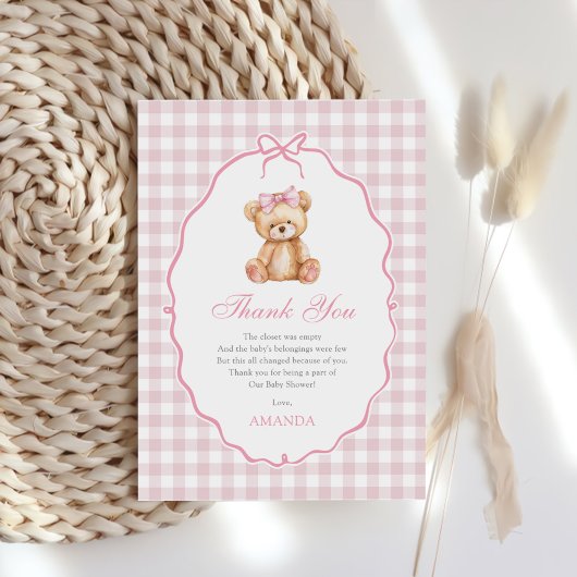 Pink Bow Gingham Teddy Bear Baby shower Bedankkaart